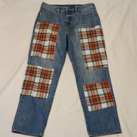 J. Crew Blue and Red Straight Leg Jeans with Plaid Accents - Picture 1 of 12